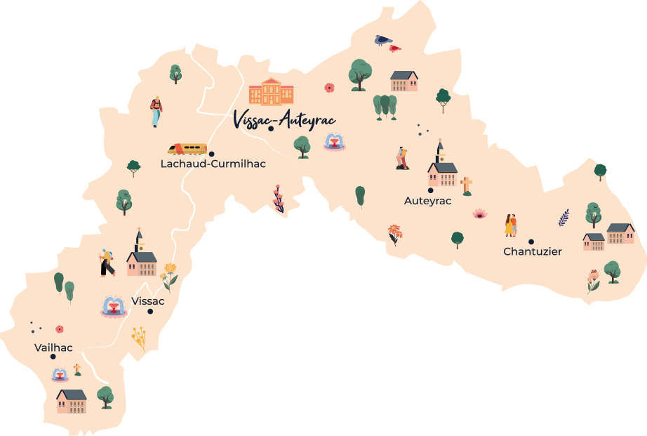La carte illustrée présente le territoire de la commune de Vissac-Auteyrac et situe plusieurs de ses villages et lieux-dits : Vissac, Auteyrac, Chantuzier, Vailhac et Lachaud-Curmilhac. Des pictogrammes représentent notamment des bâtiments, des arbres, des fleurs et des personnages. Le nombre d’habitants indiqué sur la carte est de 314.